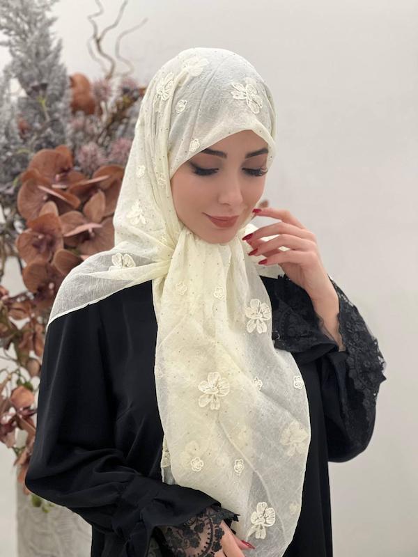 روسری حریر ابریشم خامه دوزی فول نگین